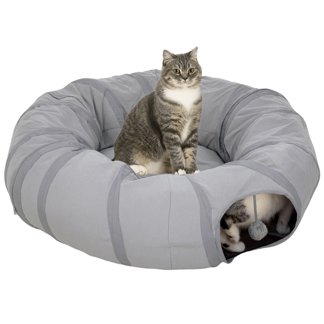 PawHut 2-in-1 Cat Tunnel Bed – Grey Play Tunnel with Washable Cushion