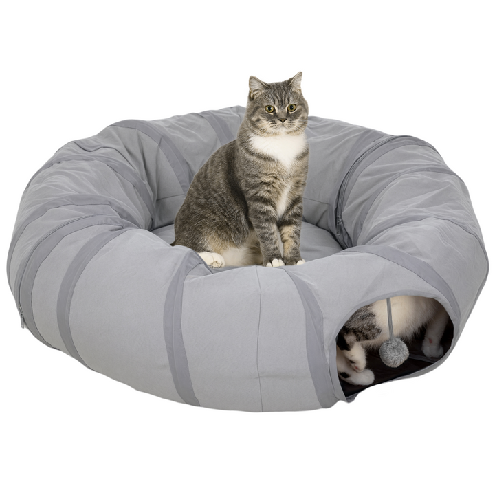 PawHut 2-in-1 Cat Tunnel Bed – Grey Play Tunnel with Washable Cushion