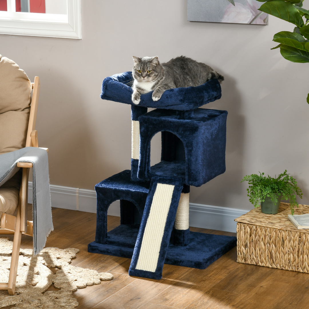 Navy Blue Luxury Cat Tree with 2 Houses & Scratching Posts – Perfect Play & Rest!