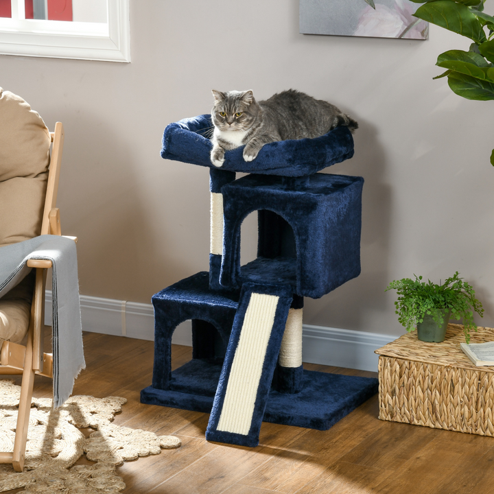 Navy Blue Luxury Cat Tree with 2 Houses & Scratching Posts – Perfect Play & Rest!