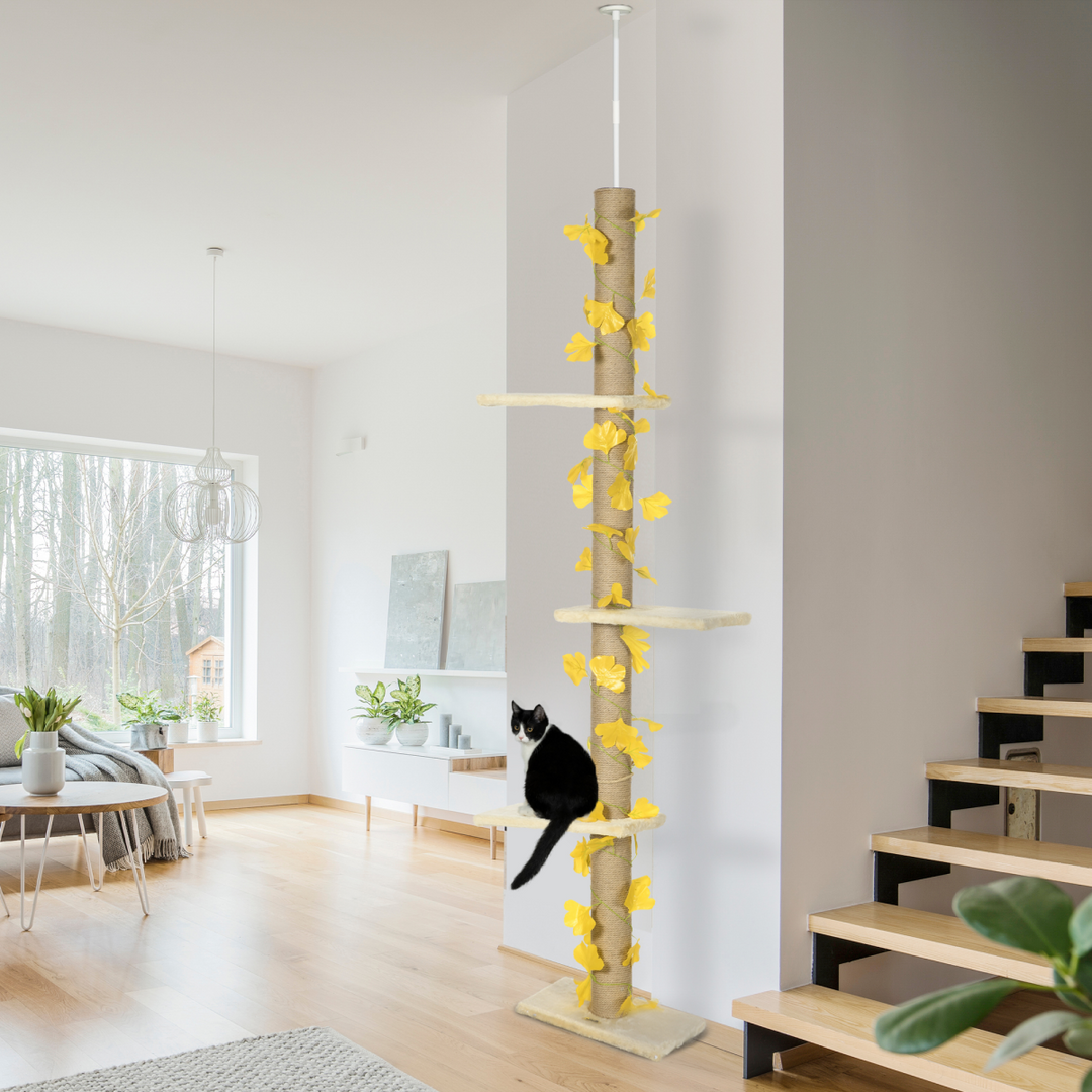 Adjustable 242cm Cat Tree with Jute Scratching Post & Anti-Slip Kit - Yellow