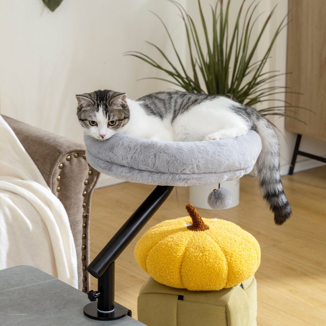 PawHut 360° Rotatable Cat Hammock with Desk Clamp – Grey &amp; Black