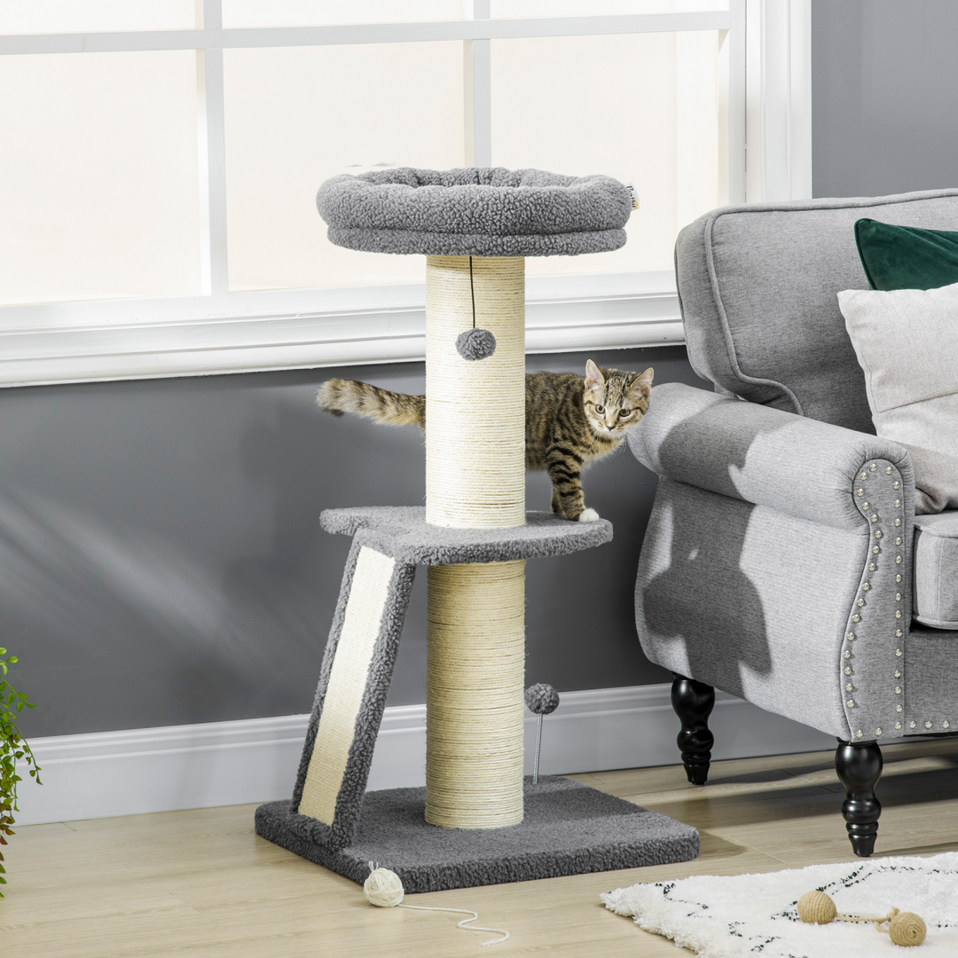 Deluxe Dark Grey Cat Tree Tower with Scratching Posts & Toy Ball