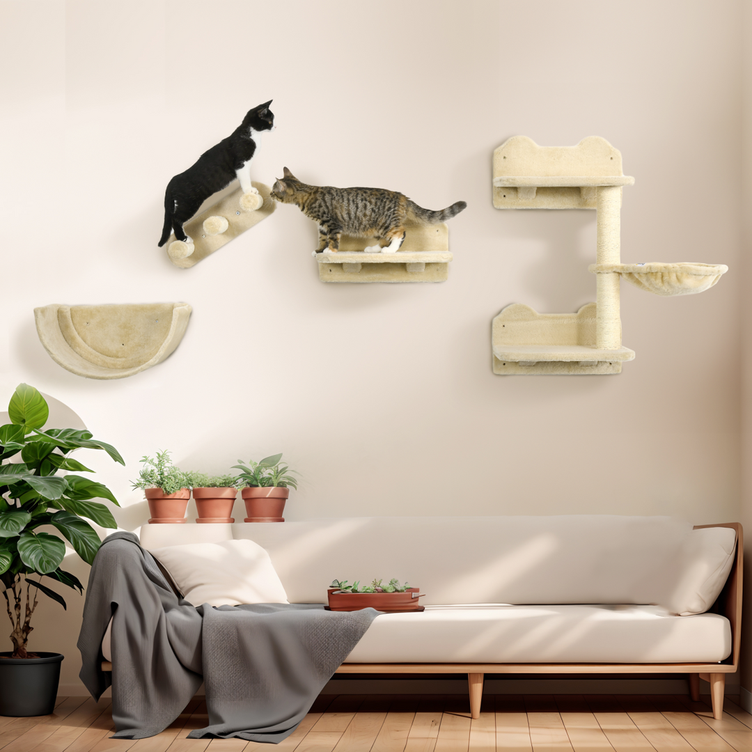 PawHut 4-Piece Wall-Mounted Cat Tree Set with Hammock, Nest & Scratching Post – Beige