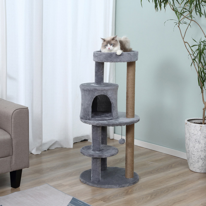 104cm Deluxe Cat Activity Tree w/ Scratching Posts Ear Perch House - Grey