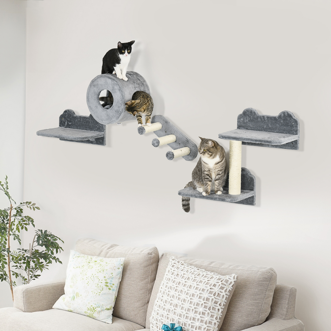 4-Piece Wall-Mounted Cat Tree with Tunnel, Perches & Scratching Posts – Space-Saving Cat Wall Furniture (Grey)