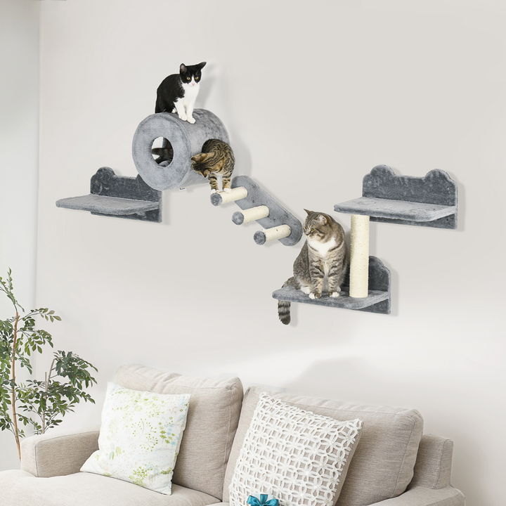 4-Piece Wall-Mounted Cat Tree with Tunnel, Perches & Scratching Posts – Space-Saving Cat Wall Furniture (Grey)