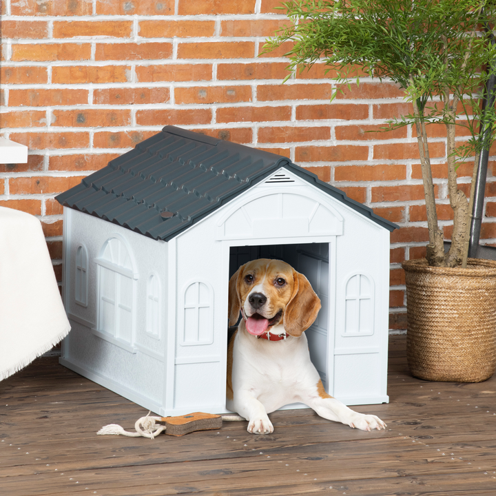 PawHut Grey Weather-Resistant Dog House - Cozy Shelter for Medium Dogs