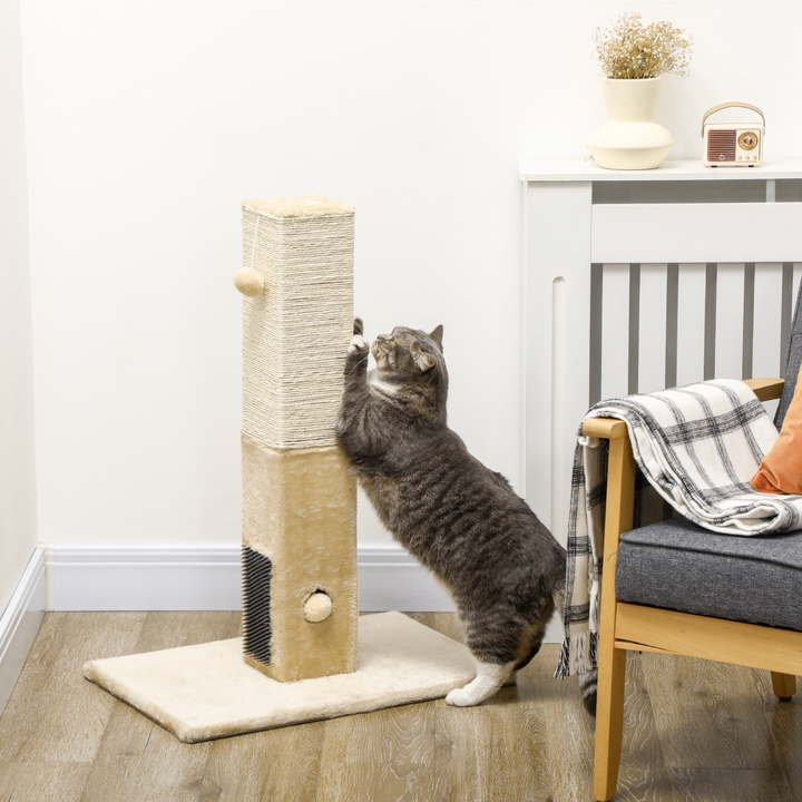 PawHut Premium Cat Scratching Post with Plush Base, Self-Grooming Brush & Hanging Toy – Beige Cat Climber Tower