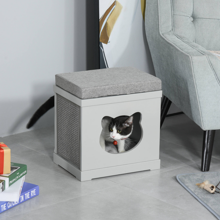 PawHut Cat House Bed with Cushion & Sisal Scratching Pads – Grey Indoor Cat Cube