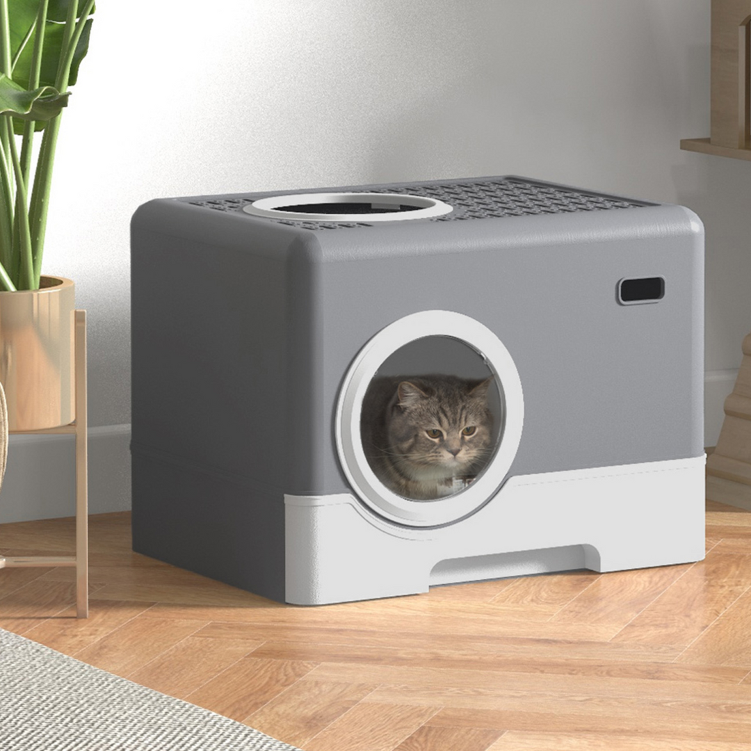 PawHut Enclosed Cat Litter Box - Front Entry, Top Exit, Easy Clean, Grey