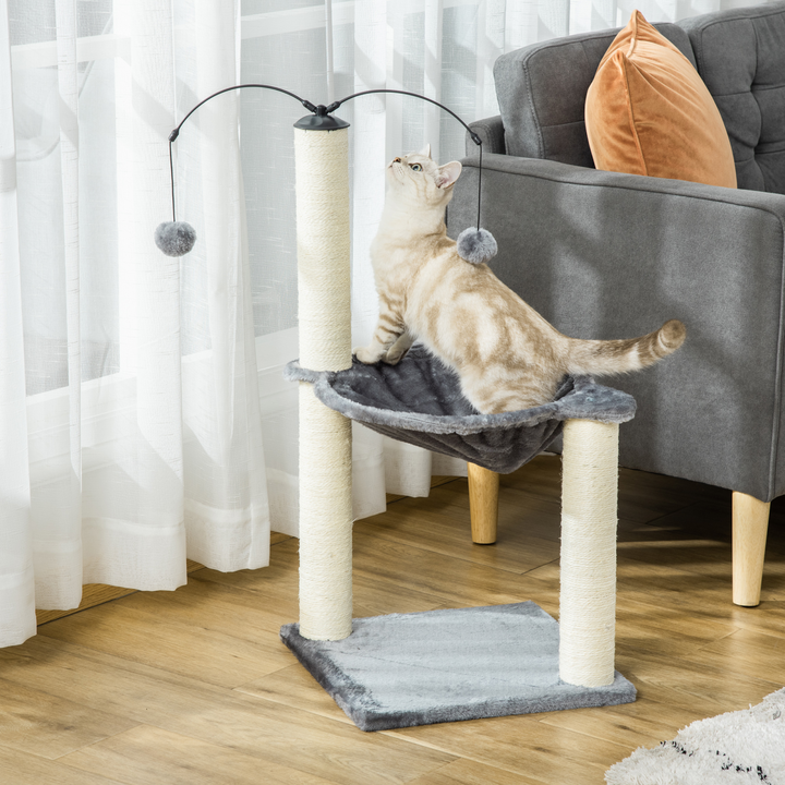 Stylish Cat Tree Tower with Scratching Post, Hammock & Toy Balls - Grey