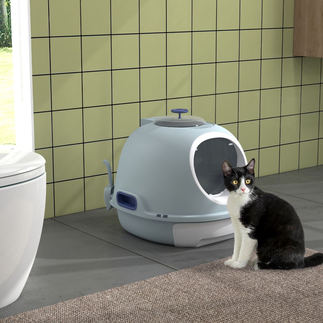 PawHut Space Capsule Cat Litter Box with Scoop, Front Entry & Top Exit – Blue (47 × 55 × 44cm)