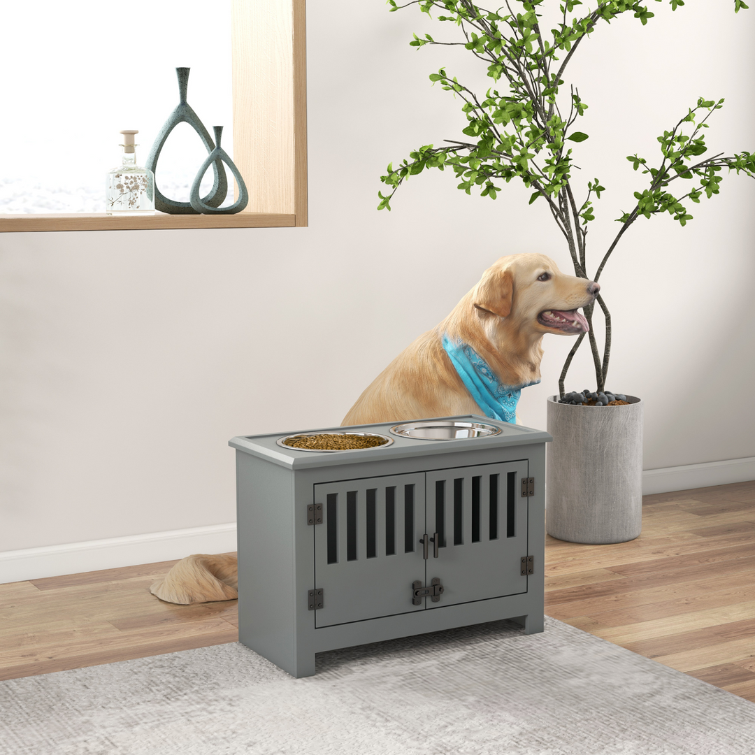 PawHu Raised Dog Bowls Feeding Station with Storage Cabinet &amp; 2 Stainless Steel Bowls – Grey