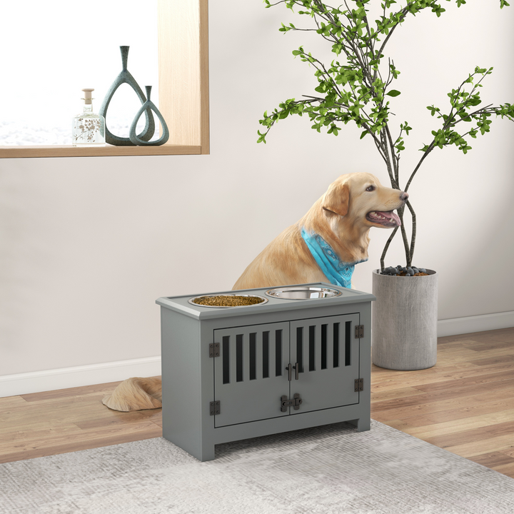 PawHu Raised Dog Bowls Feeding Station with Storage Cabinet &amp; 2 Stainless Steel Bowls – Grey
