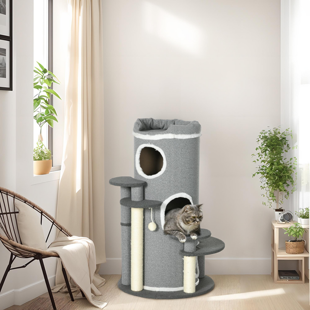 PawHut Cozy Barrel Cat Tree: Stylish Scratching Post & Plush Lookout - Grey