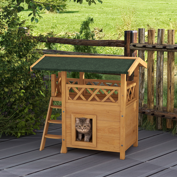 PawHut Cozy Outdoor Cat House with Balcony & Weatherproof Roof