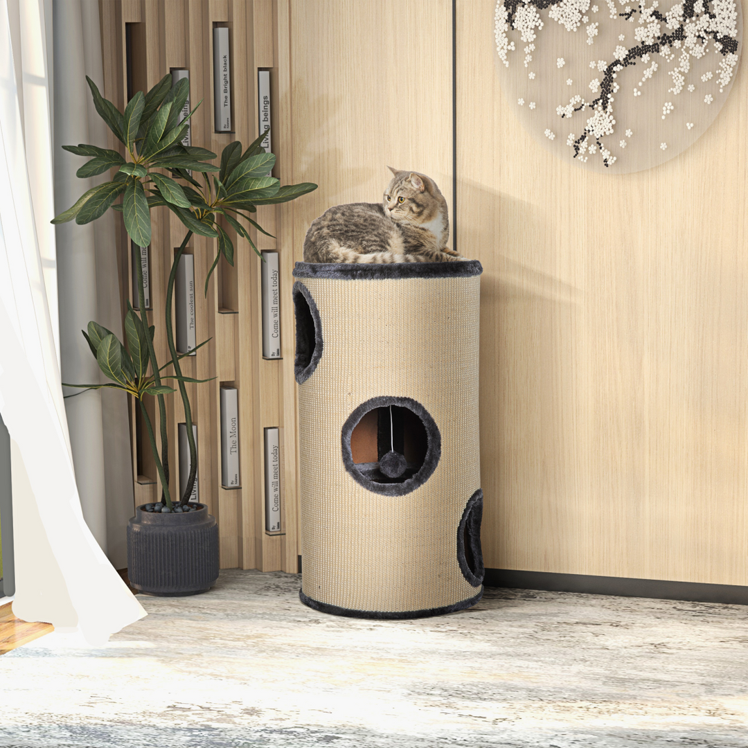 PawHut Cat Scratching Barrel with Sisal &amp; Observation Deck – 3 Dens Activity Centre