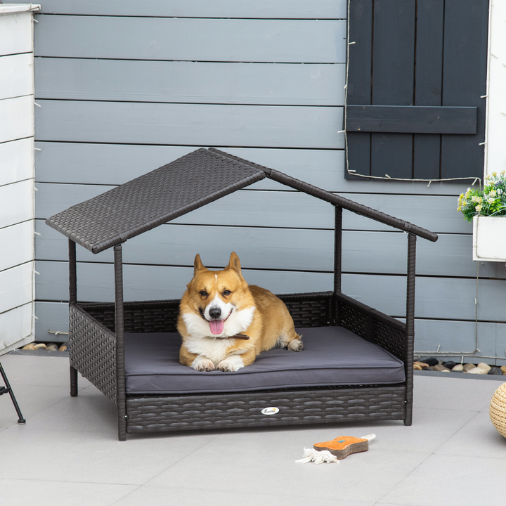 PawHut Wicker Dog House, Rattan Pet Bed with Soft Cushion, Cat Basket - Grey
