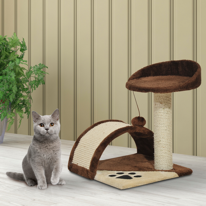 PawHut Cozy Cat Tree with Sisal Scratching Posts – Brown Multi-Level Cat Tower with Curved Board & Teasing Ball