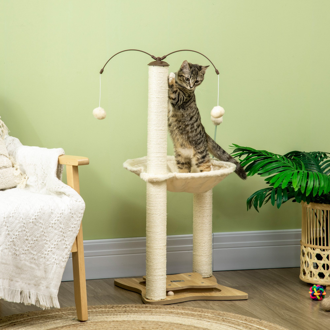 Beige PawHut Cat Tree: Hammock, Scratching Posts & Toy Balls - Ultimate Play Haven!