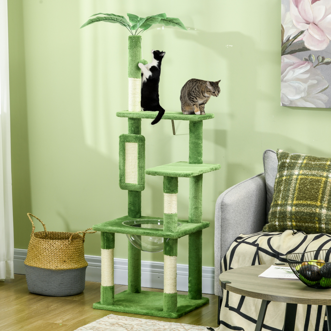 PawHut 142cm Cat Tree Tower with Scratching Post Hammock Ball Platforms Green