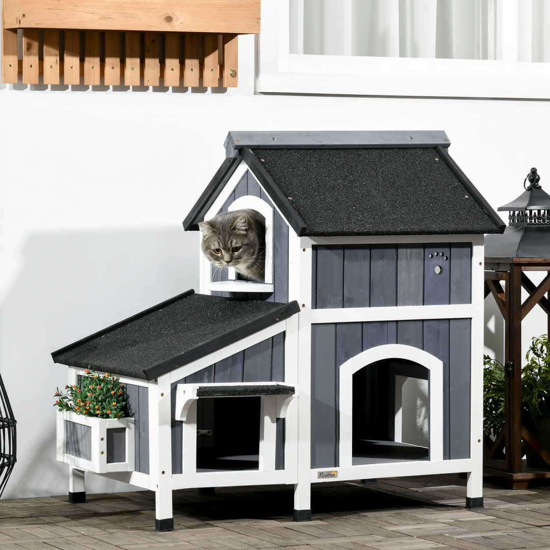 PawHut Wooden Outdoor Cat House with Flower Pot, Window &amp; Multiple Entrances – Grey