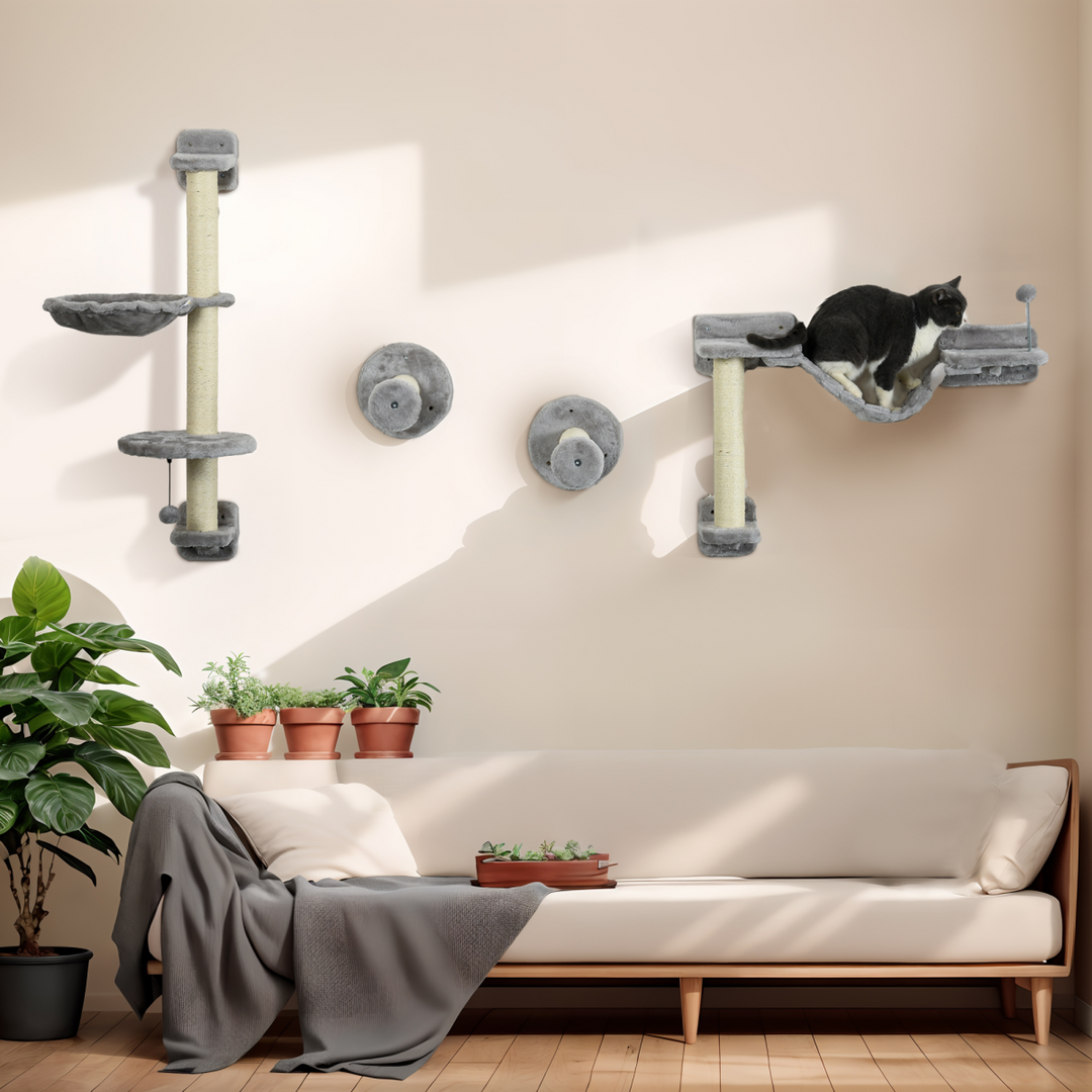 PawHut Wall-Mounted Cat Tree – 4-Piece Grey Cat Furniture Set with Hammock, Ladder & Scratching Post