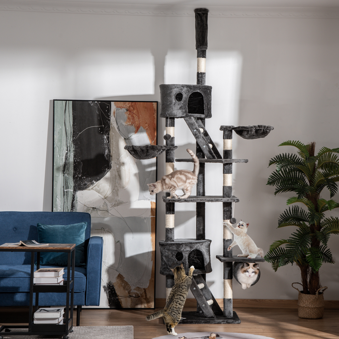 PawHut Adjustable Floor-to-Ceiling Cat Tree: Plush Fun & Scratching Posts!