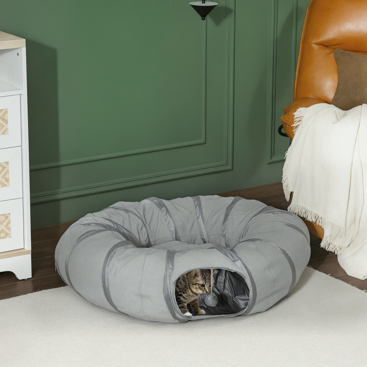 PawHut 2-in-1 Cat Tunnel Bed – Grey Play Tunnel with Washable Cushion