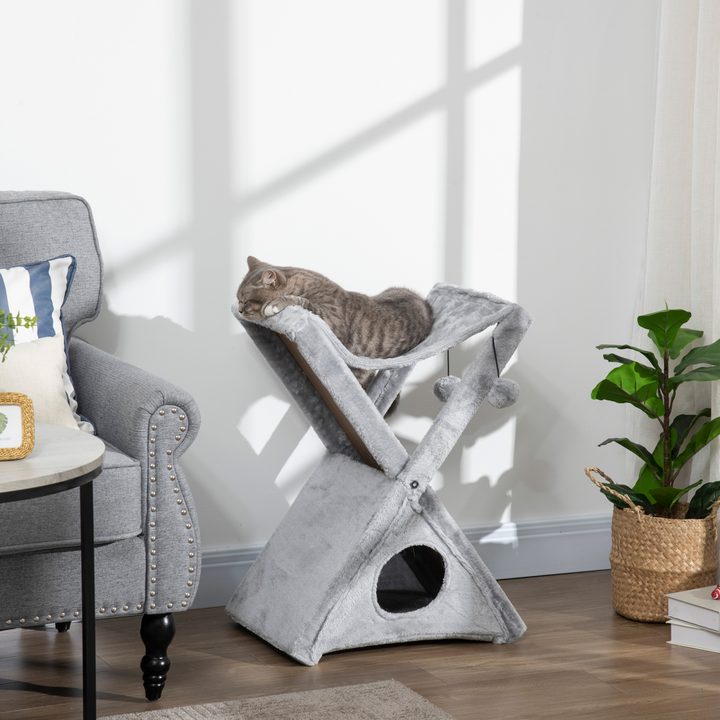 Plush Folding Cat Tree Play Rest Activity Tower w/ Scratching Post Grey Pawhut