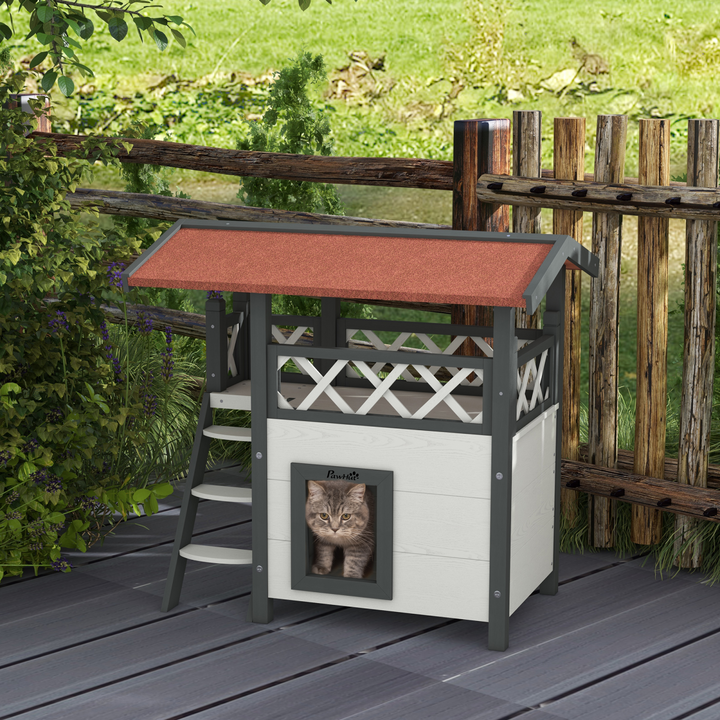 Cozy PawHut Outdoor Cat House with Balcony & Stairs - Weatherproof Design!