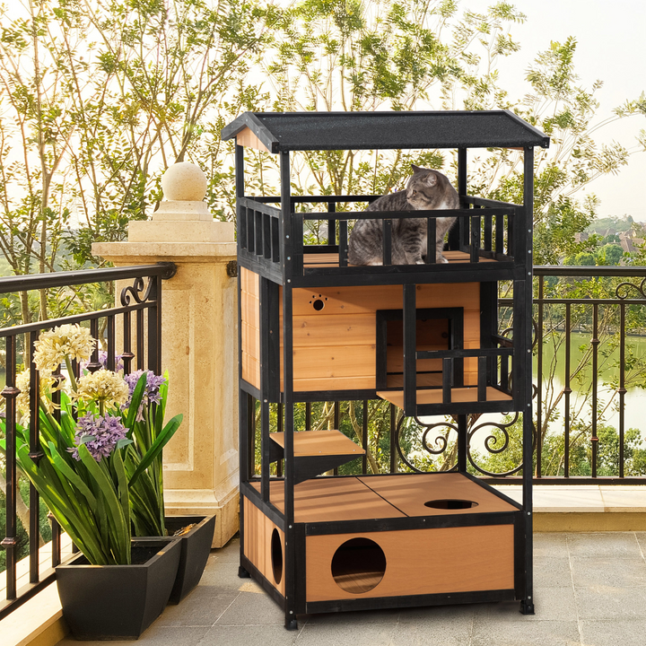3-Tier Wooden Cat House with Balconies - Outdoor Shelter for Playful Cats