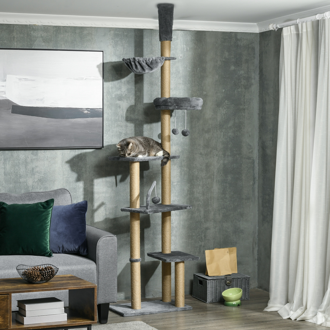 Deluxe 6-Tier Cat Tree Tower with Hammock & Scratching Post - Grey