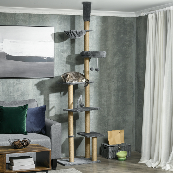 Deluxe 6-Tier Cat Tree Tower with Hammock & Scratching Post - Grey