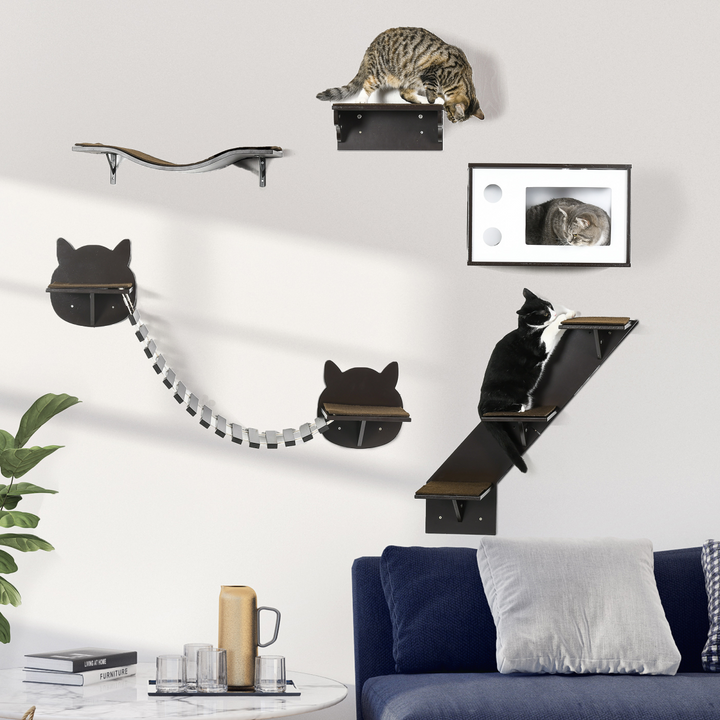 5-Piece Wall-Mounted Cat Shelves Set with Bridge, Steps & Cat House – Modern Wooden Cat Wall Furniture