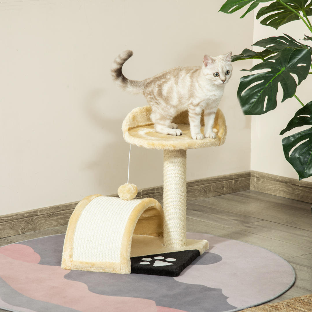 PawHut Cat Tree with Sisal Scratching Posts – Beige Multi-Level Cat Tower with Curved Scratching Board & Toy Ball
