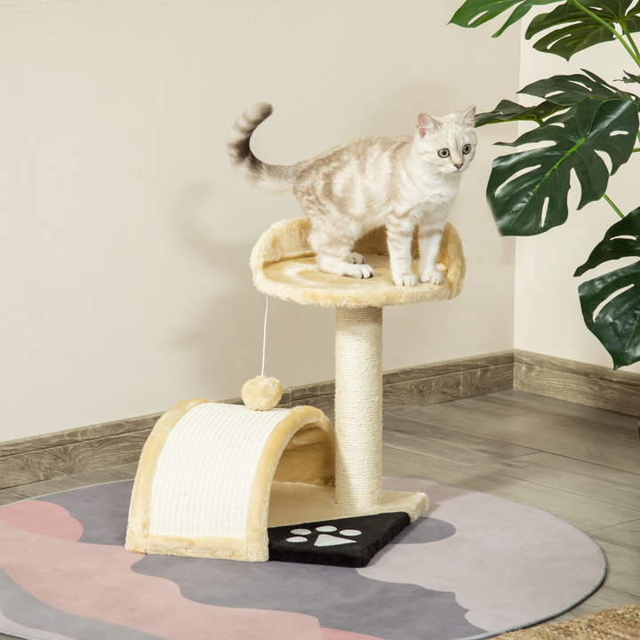PawHut Cat Tree with Sisal Scratching Posts – Beige Multi-Level Cat Tower with Curved Scratching Board & Toy Ball