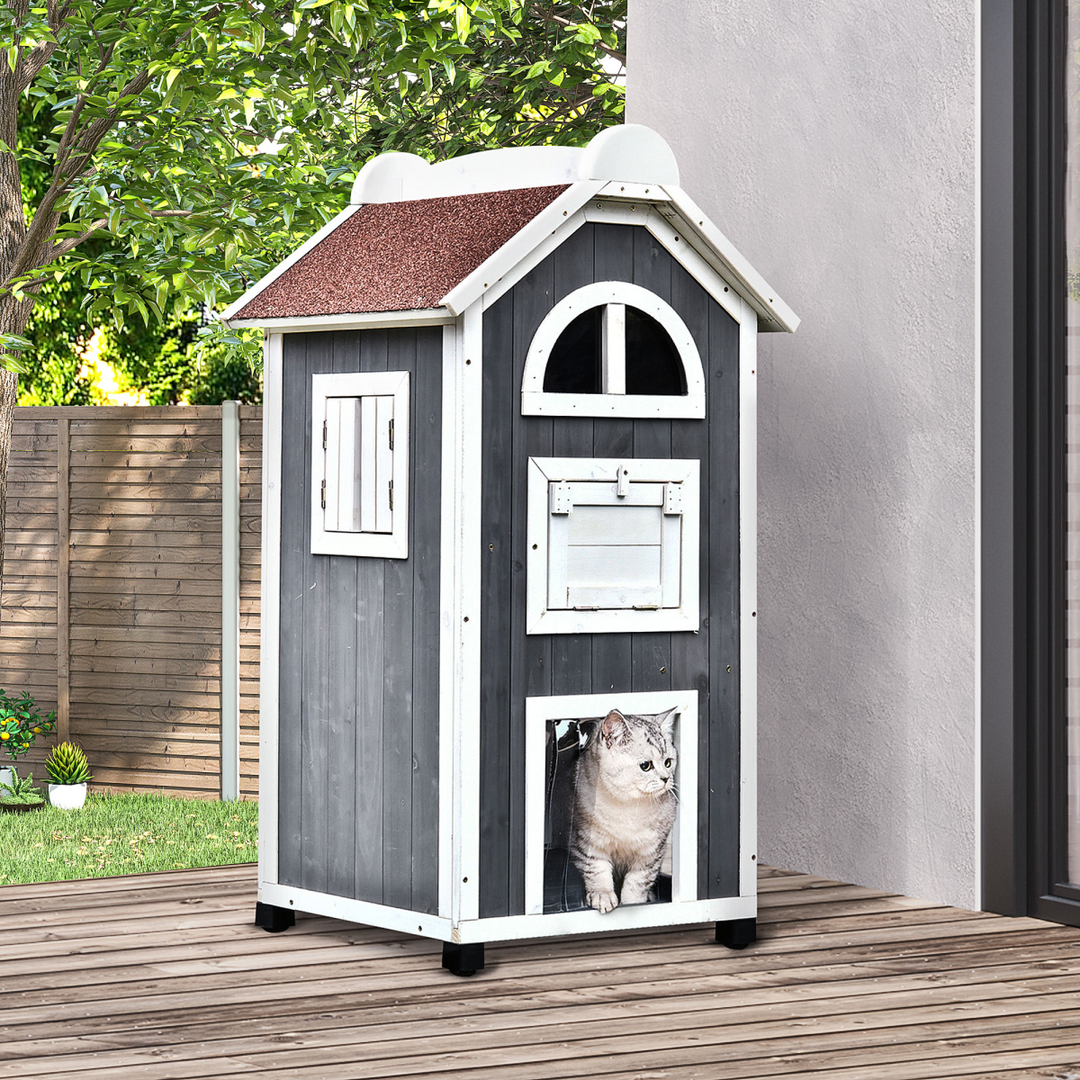 Solid Wood Cat Condo Furniture 2-Floor Pet Shelter, Grey and White, 109H cm