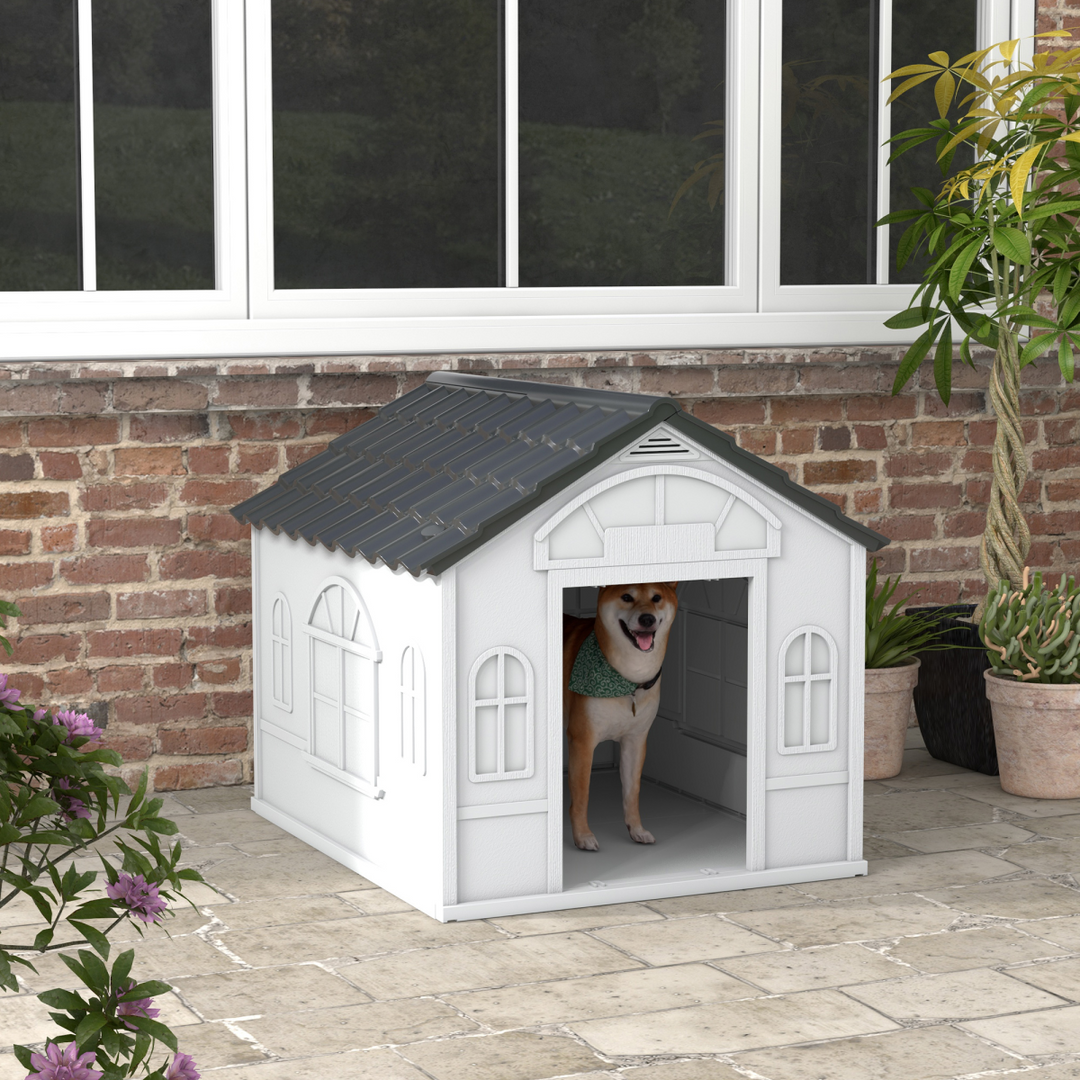 PawHut Weatherproof Dog House – Cozy Outdoor Shelter for Large Dogs (Grey)