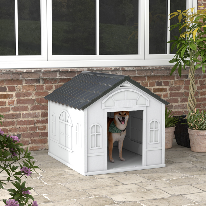 PawHut Weatherproof Dog House – Cozy Outdoor Shelter for Large Dogs (Grey)