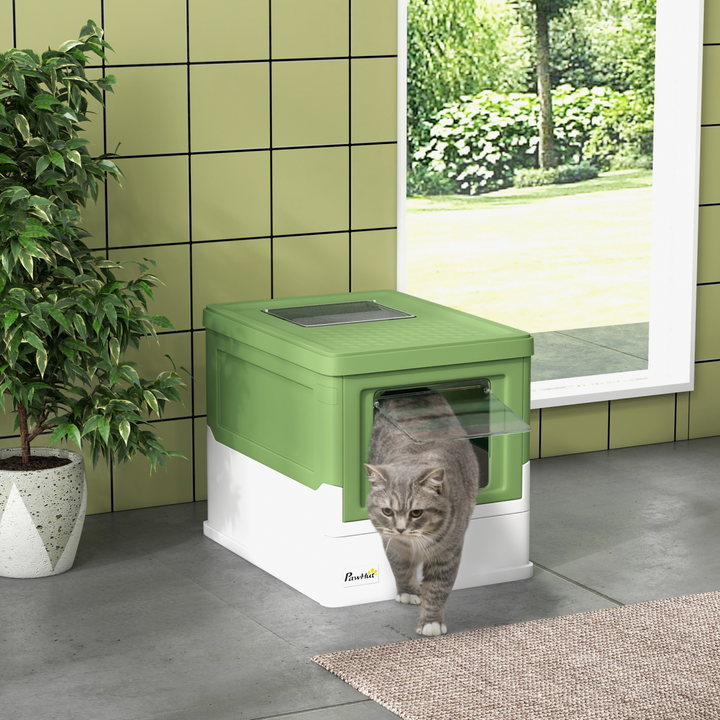 PawHut Deluxe Hooded Cat Litter Box with Top Exit, Removable Tray &amp; Scoop – Lime Green &amp; White.