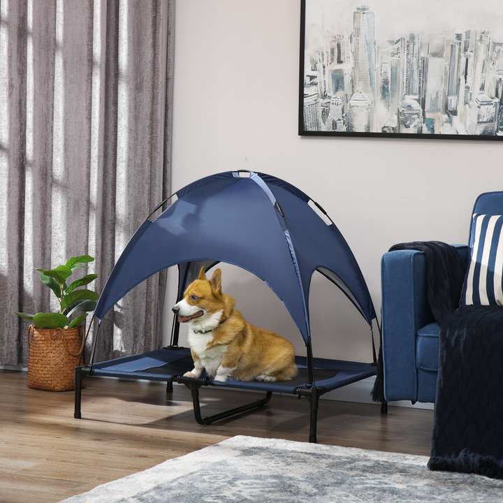 PawHut CoolLift Elevated Dog Bed with UV Canopy – Comfort & Style in Blue
