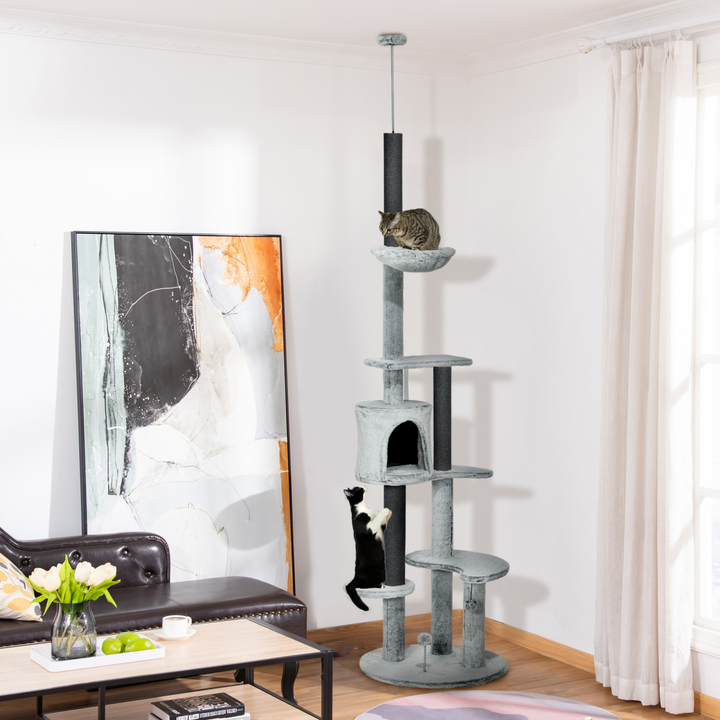 PawHut 255cm Floor-to-Ceiling Cat Tree: Adventure, Comfort & Fun Awaits!