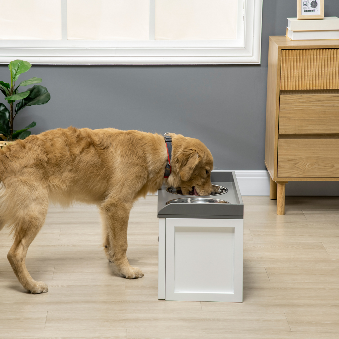 PawHut Elevated Dog Bowls with 21L Storage Drawer &amp; 2 Stainless Steel Bowls – White &amp; Grey (60cm)