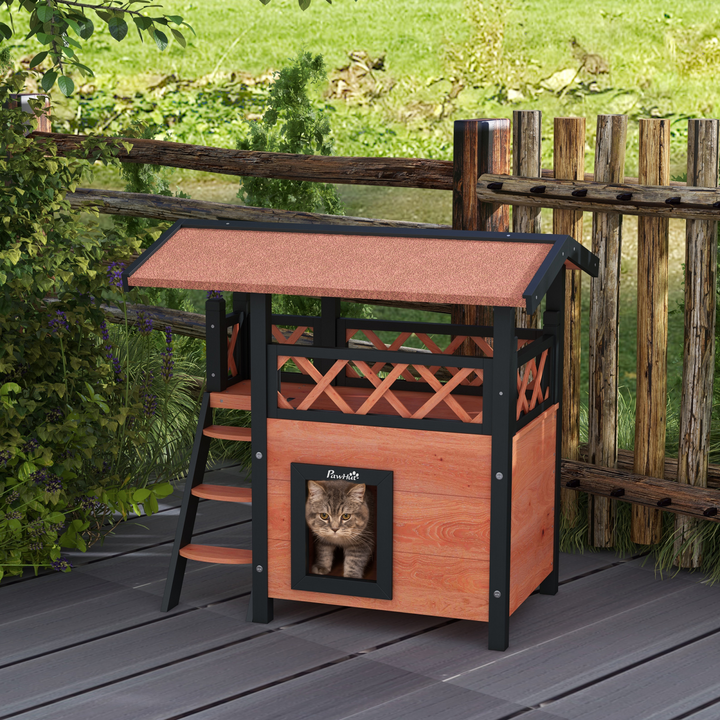 PawHut Outdoor Cat House with Balcony, Stairs & Weatherproof Roof – Brown
