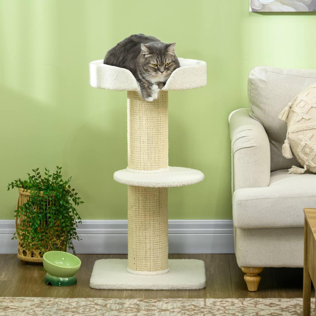 PawHut 2-Tier Cat Tree: Plush Basket & Sisal Scratch Post - Cream White