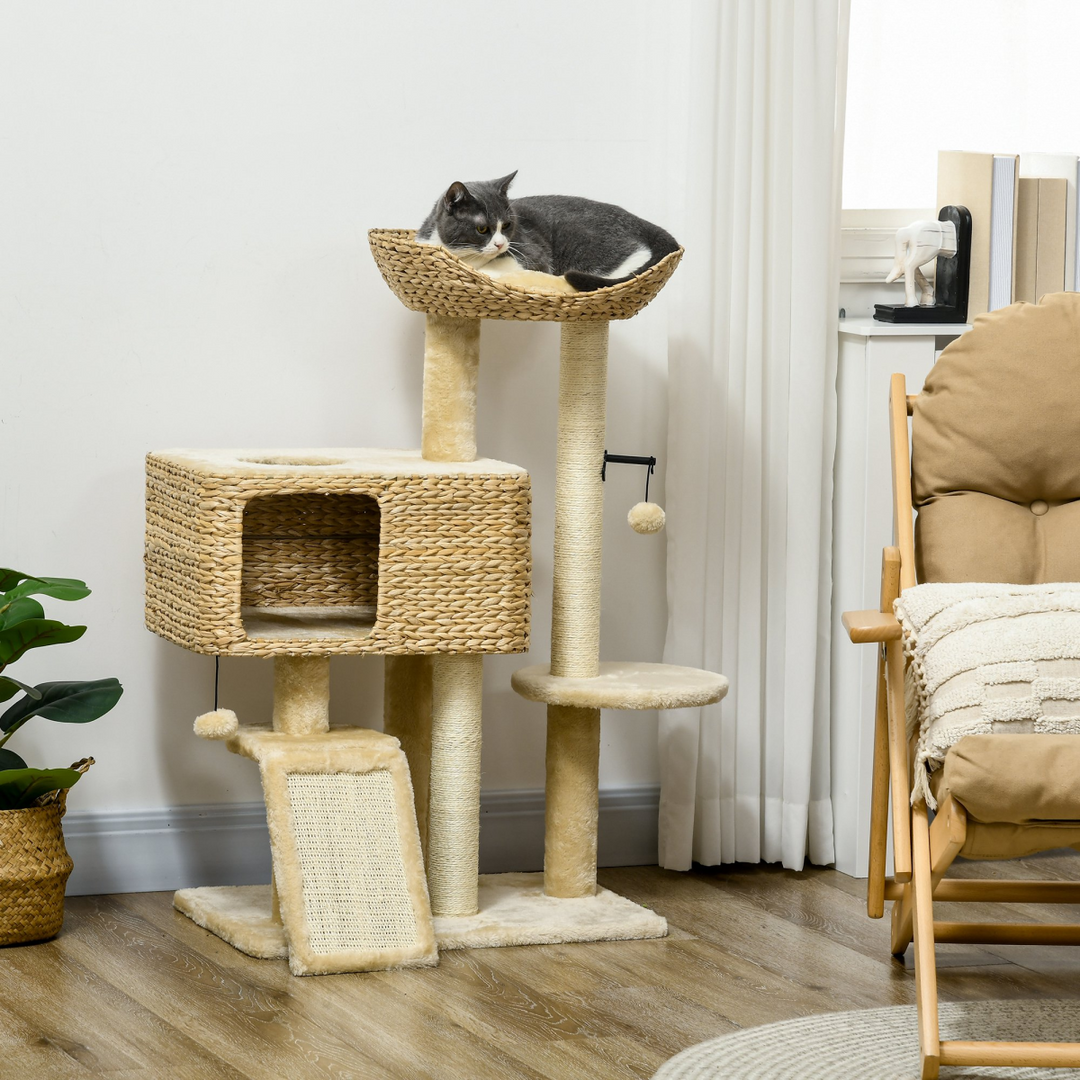 PawHut 95cm Cat Tree – Cozy Climbing Tower with Scratching Post & Play Ball (Beige)