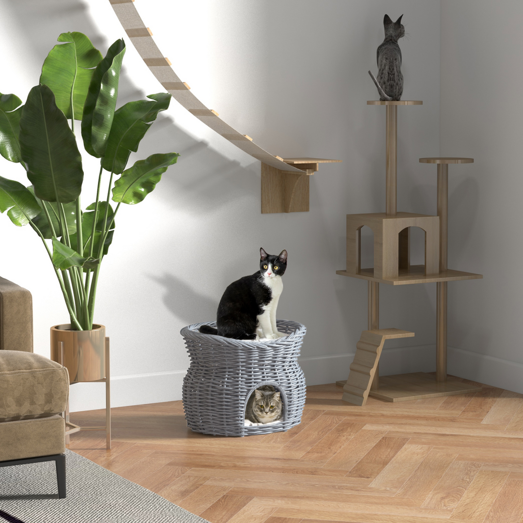PawHut 2-Tier Cat Tree: Cozy Wicker Condo for Playful & Timid Cats