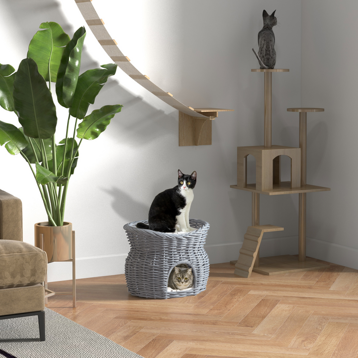 PawHut 2-Tier Cat Tree: Cozy Wicker Condo for Playful & Timid Cats
